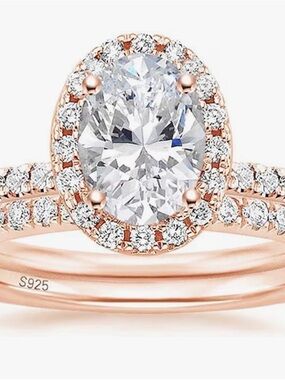 Rose Gold Oval Halo Engagement Ring with Pavé Band